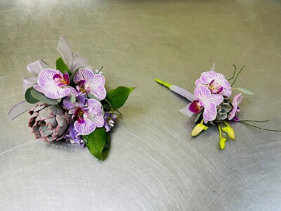 A Wrist Corsage and Boutonniere combination - Lavender with succulent
