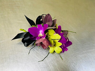 A Wrist Corsage - Green and Purple
