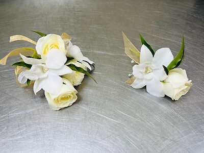 A Wrist Corsage and Boutonniere combination - Gold and White