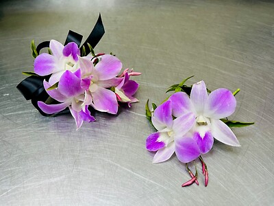 A Wrist corsage and boutonniere combination - White &amp; Lavender
