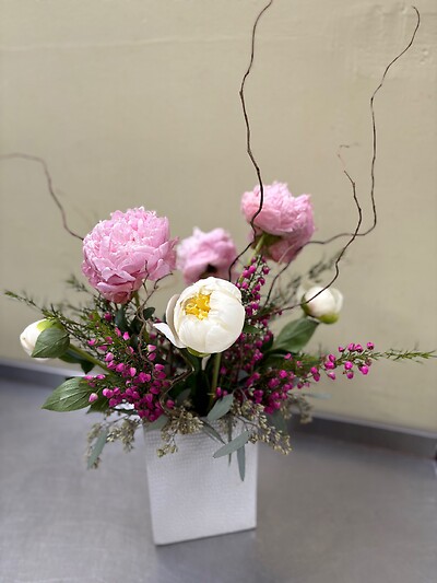Pink and White Peonies with Boronia