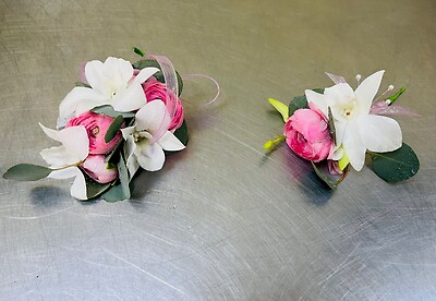 A Wrist Corsage and Boutonniere combination - Pink and White
